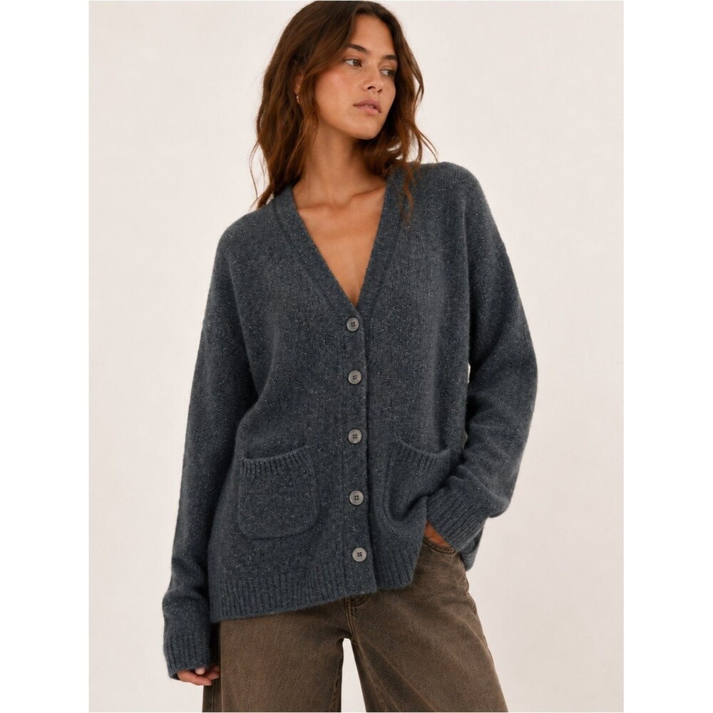 NAADAM 100% Cashmere Charcoal Gray Longline V-Neck Cardigan Sweater Large